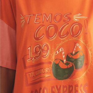 Farm Rio Orange Graphic T-Shirt with Coconut Design “Come to Brazil”